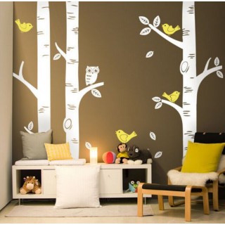 3 Large Birch Trees Wall Stickers with Birds and Owls